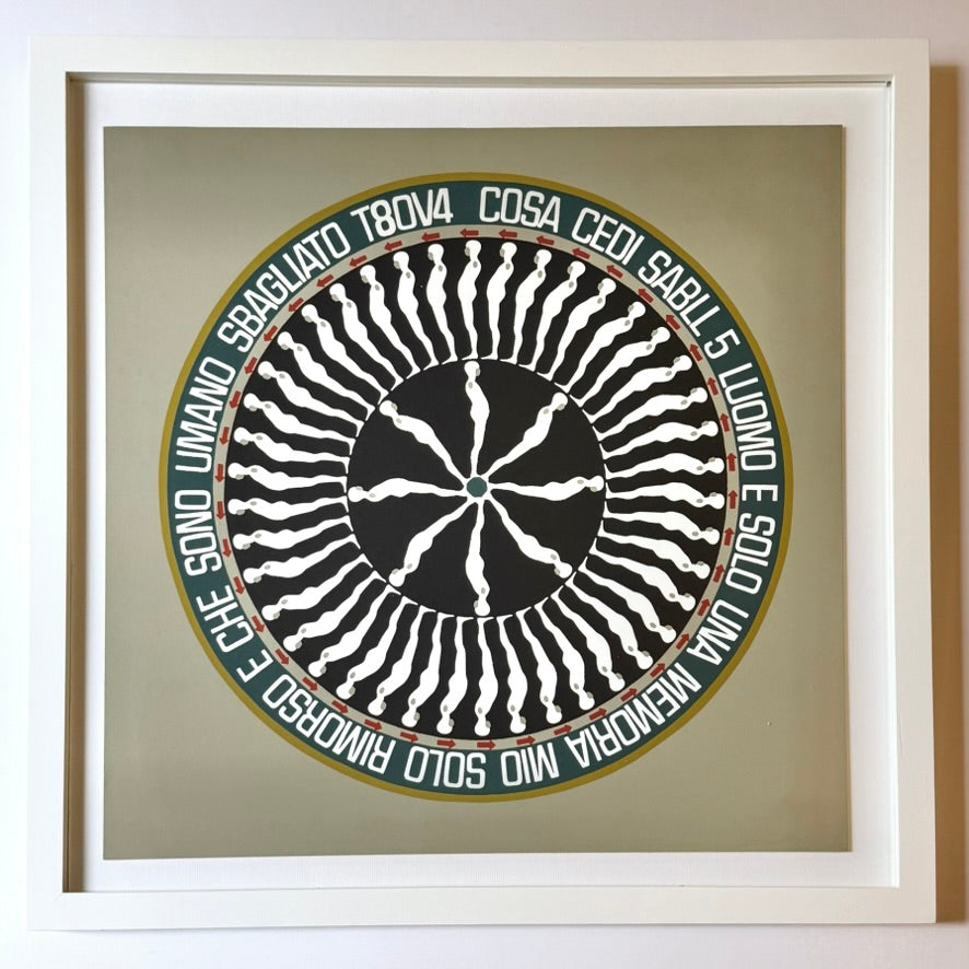 Framed circular artwork with repeated white abstract human figures and Italian text around the edge
