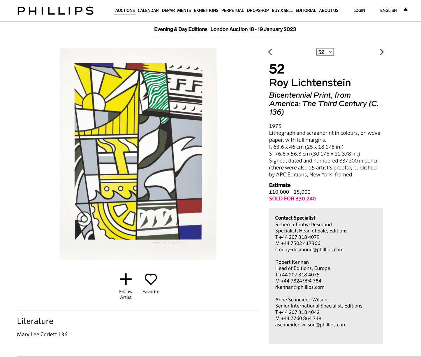 Roy Lichtenstein Bicentennial Print 1975 Corlett 136 Signed Original Ltd Ed - Joseph K. Levene Fine Art, Ltd.
