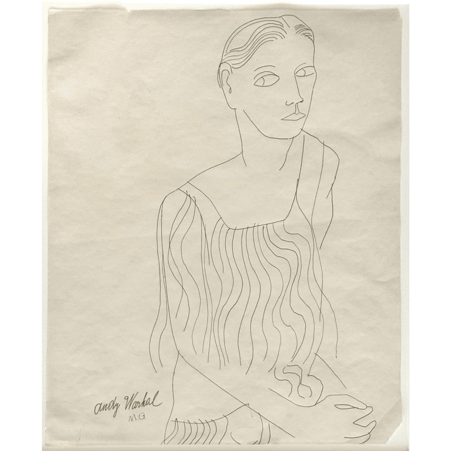 Andy Warhol Female Portrait c. 1955 Signed Unique Drawing Framed - Joseph K. Levene Fine Art, Ltd.