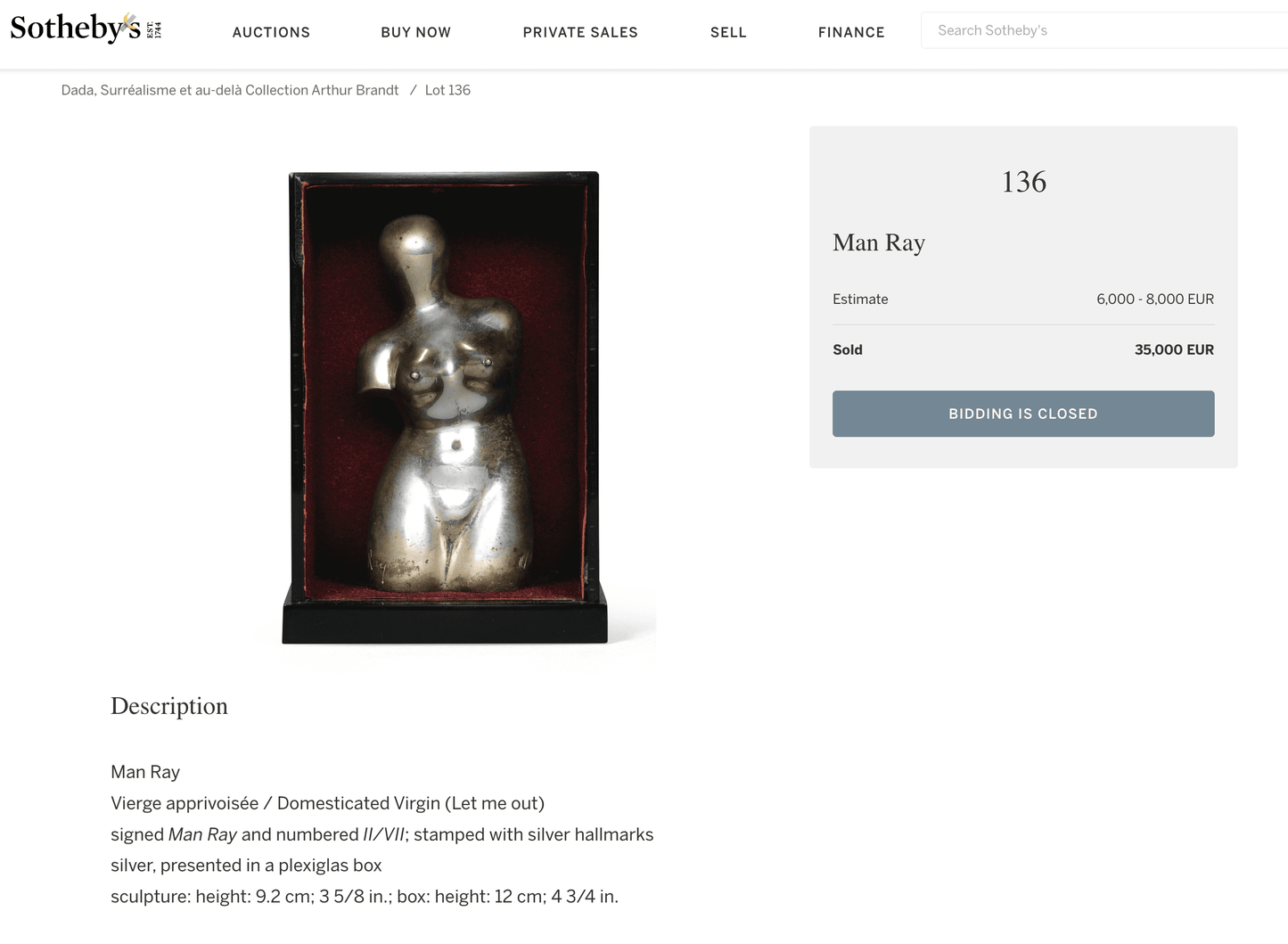 Man Ray Vierge apprivoisée / Domesticated Virgin (Let Me Out), 1969 -similar sculpture sold at Sotheby's
