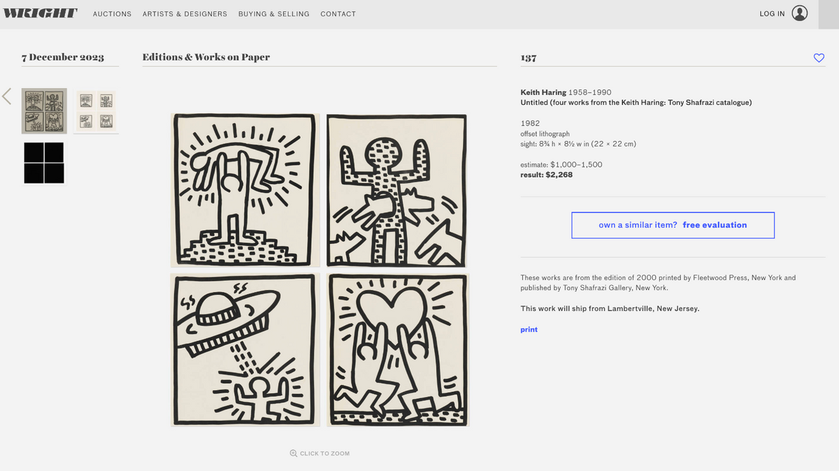 Set of 4 Keith Haring off-set lithograph prints, Wright Auction result of 2,268 USD