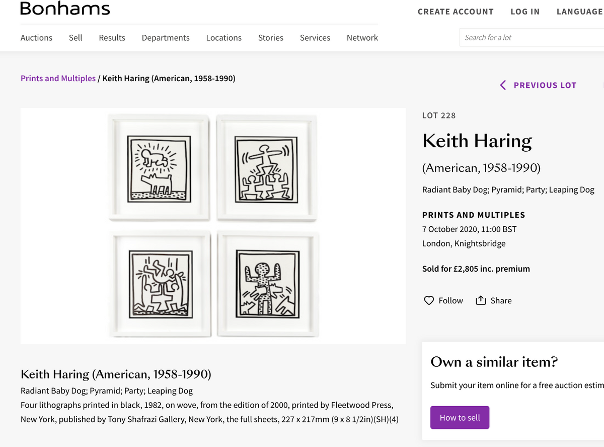 Set of 4 Keith Haring offset lithograph prints, Bonhams auction result of 2,805 GBP