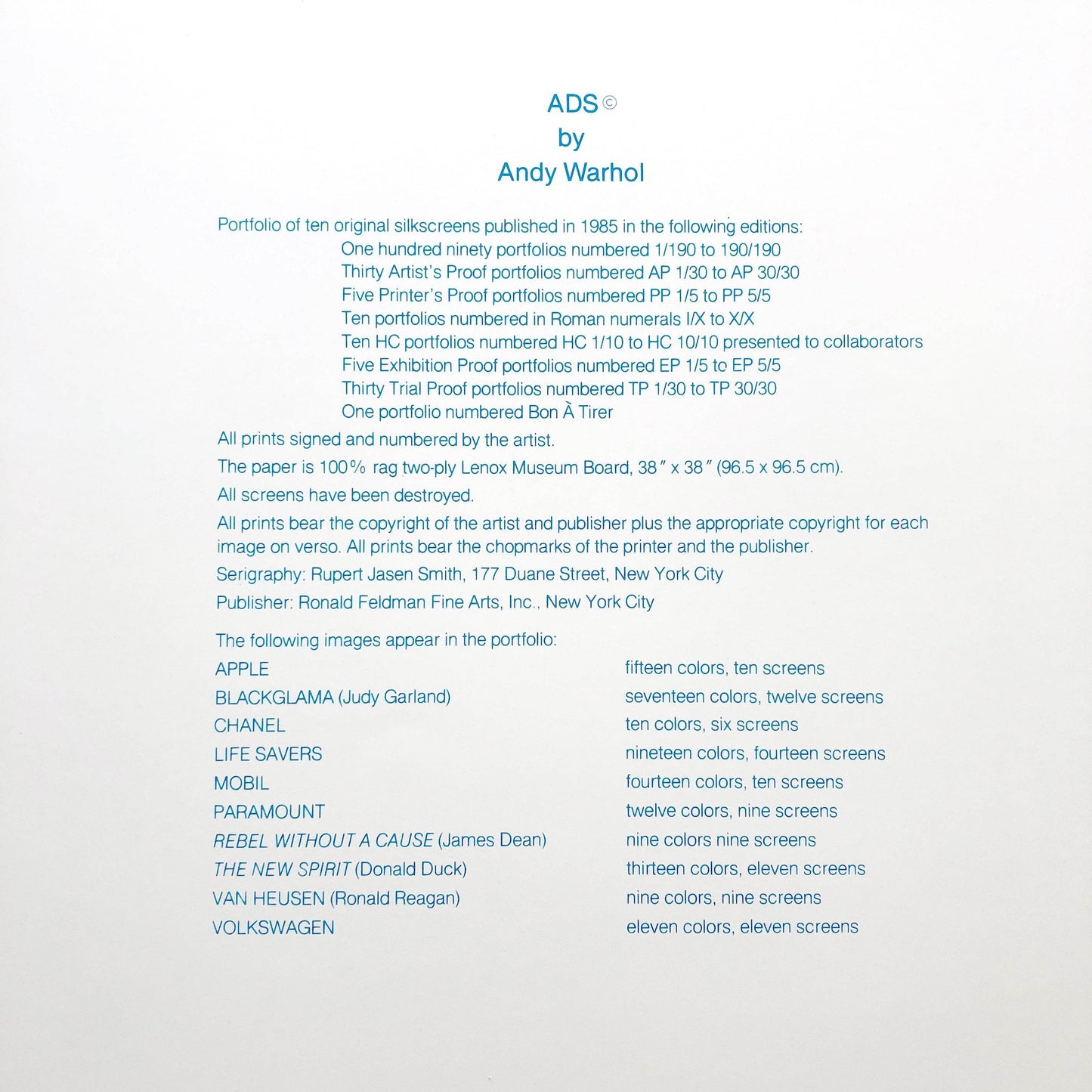 Andy Warhol 1985 Ads Portfolio F&S 350-359 Colophon Screenprint - Joseph K. Levene Fine Art, Ltd.