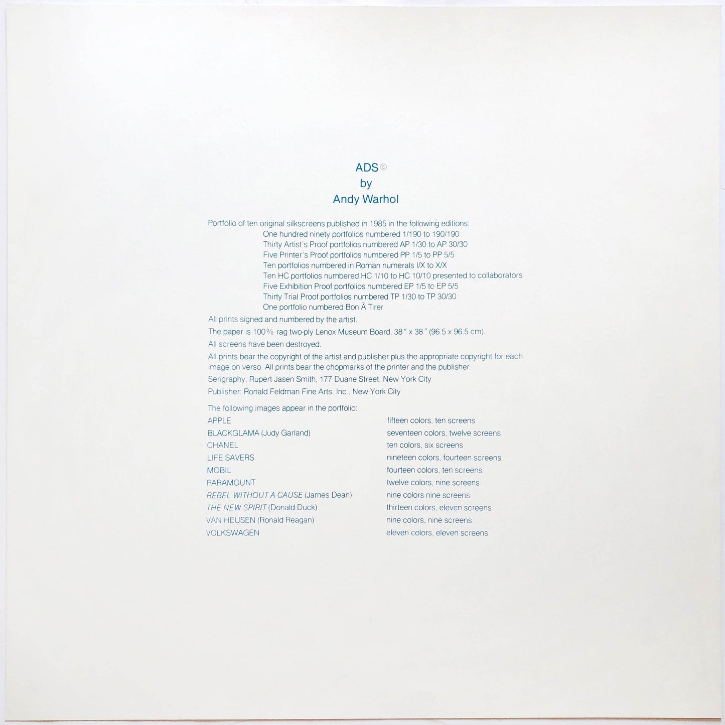 Andy Warhol 1985 Ads Portfolio F&S 350-359 Colophon Screenprint - Joseph K. Levene Fine Art, Ltd.