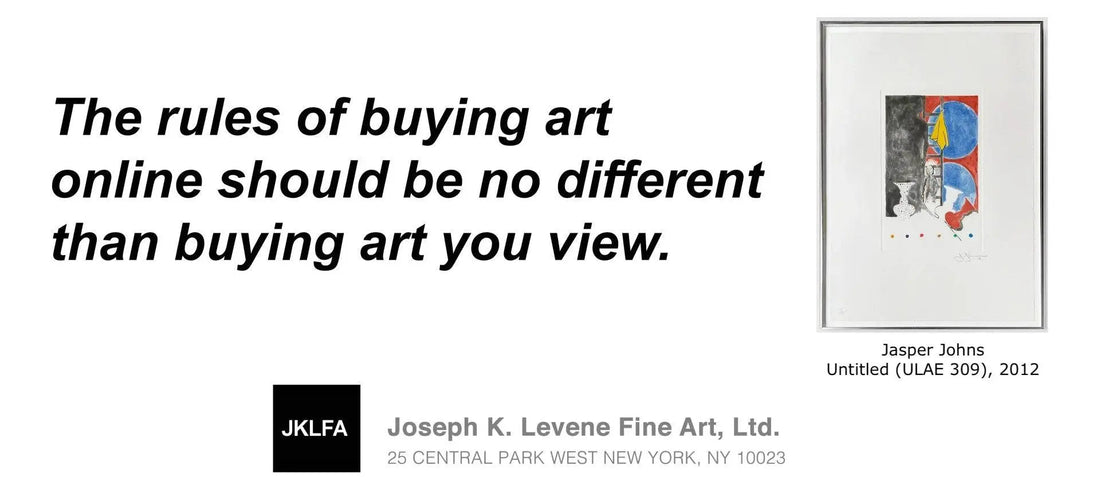 Framed abstract artwork by Jasper Johns with text about buying art online and Joseph K. Levene Fine Art logo