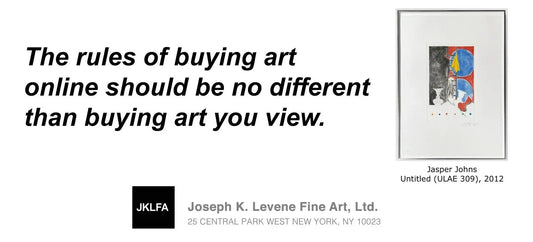 Framed abstract artwork by Jasper Johns with text about buying art online and Joseph K. Levene Fine Art logo