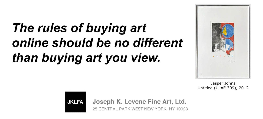 Framed abstract artwork by Jasper Johns with text about buying art online and Joseph K. Levene Fine Art logo