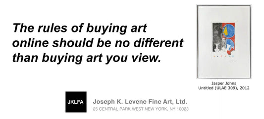 Framed abstract artwork by Jasper Johns with text about buying art online and Joseph K. Levene Fine Art logo