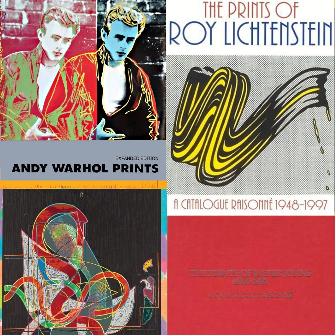 Collage of four art print book covers featuring Andy Warhol, Roy Lichtenstein, Jasper Johns, and abstract designs