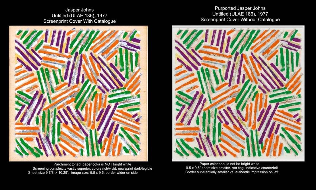 Side-by-side comparison of authentic 1977 Jasper Johns screenprint and a purported counterfeit with colorful striped patterns