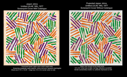 Side-by-side comparison of authentic 1977 Jasper Johns screenprint and a purported counterfeit with colorful striped patterns