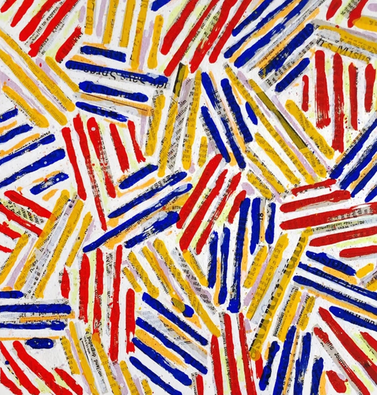 Abstract geometric art with red, blue, and yellow brushstrokes layered over newspaper print