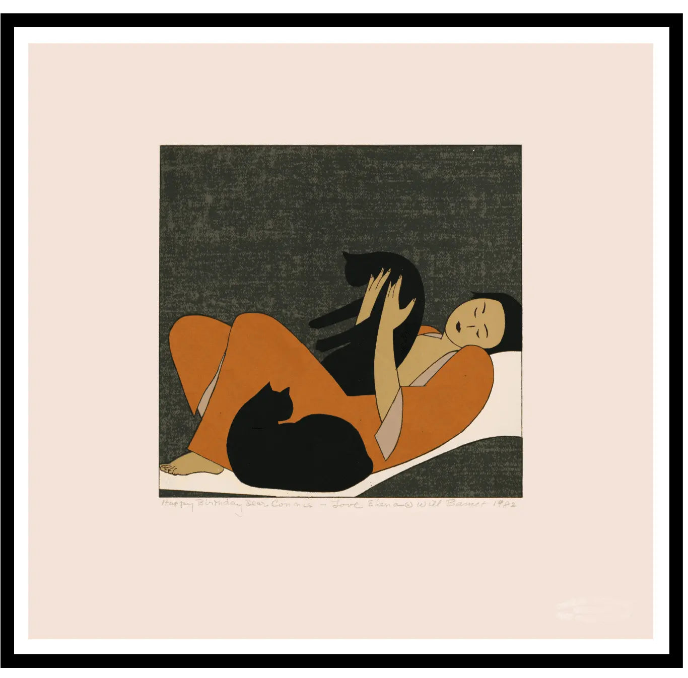 Art print of a woman in orange lounging with two black cats, one on her lap and one held up