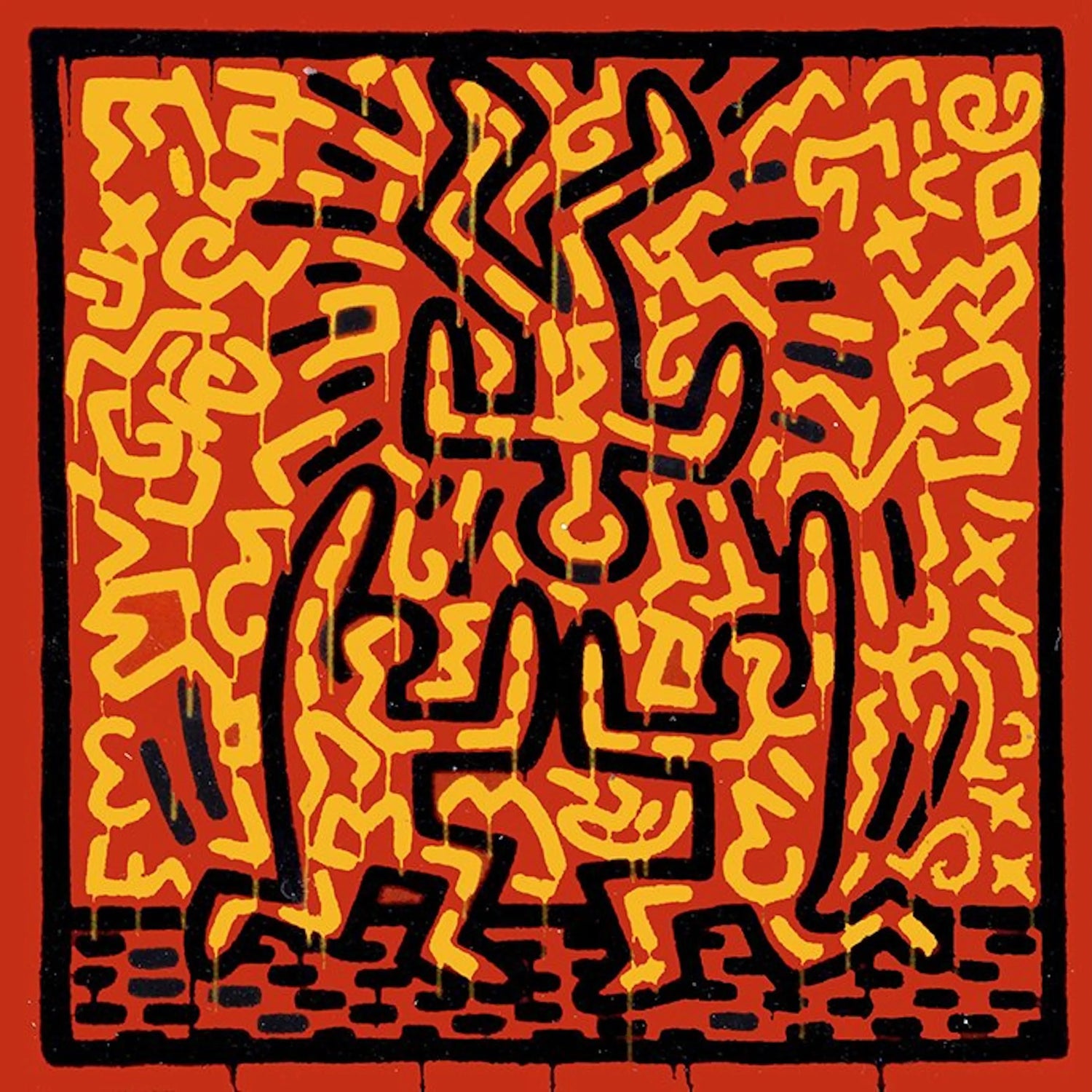Abstract Keith Haring-style artwork featuring vibrant red, orange, and black patterns with dancing figure outlines