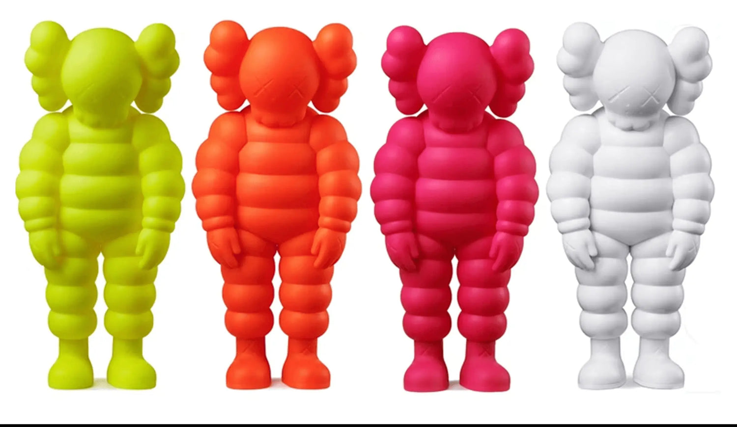 Four colorful puffer-style collectible KAWS figures in lime green, orange, pink, and white
