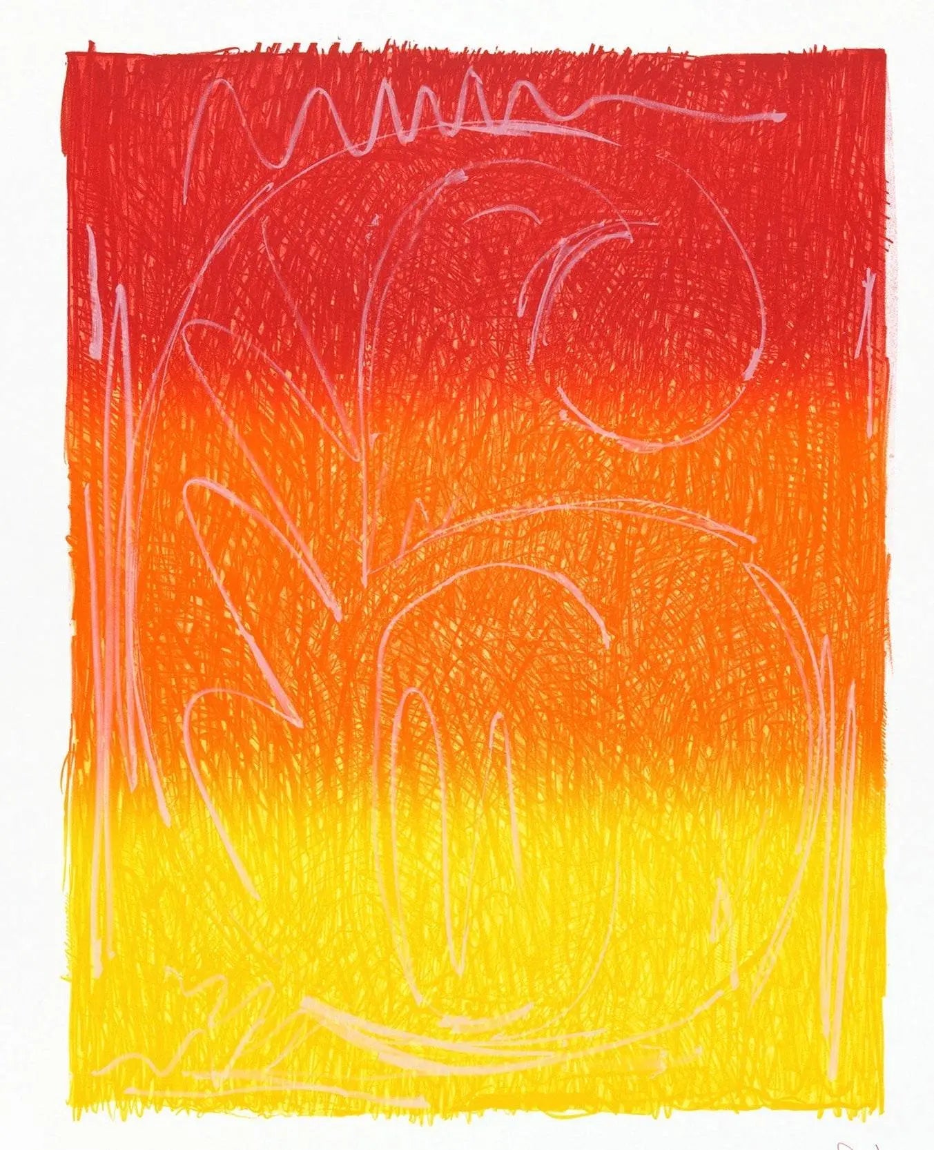 Abstract scribbled artwork with gradient background transitioning from yellow to red featuring circular and angular pink line shapes