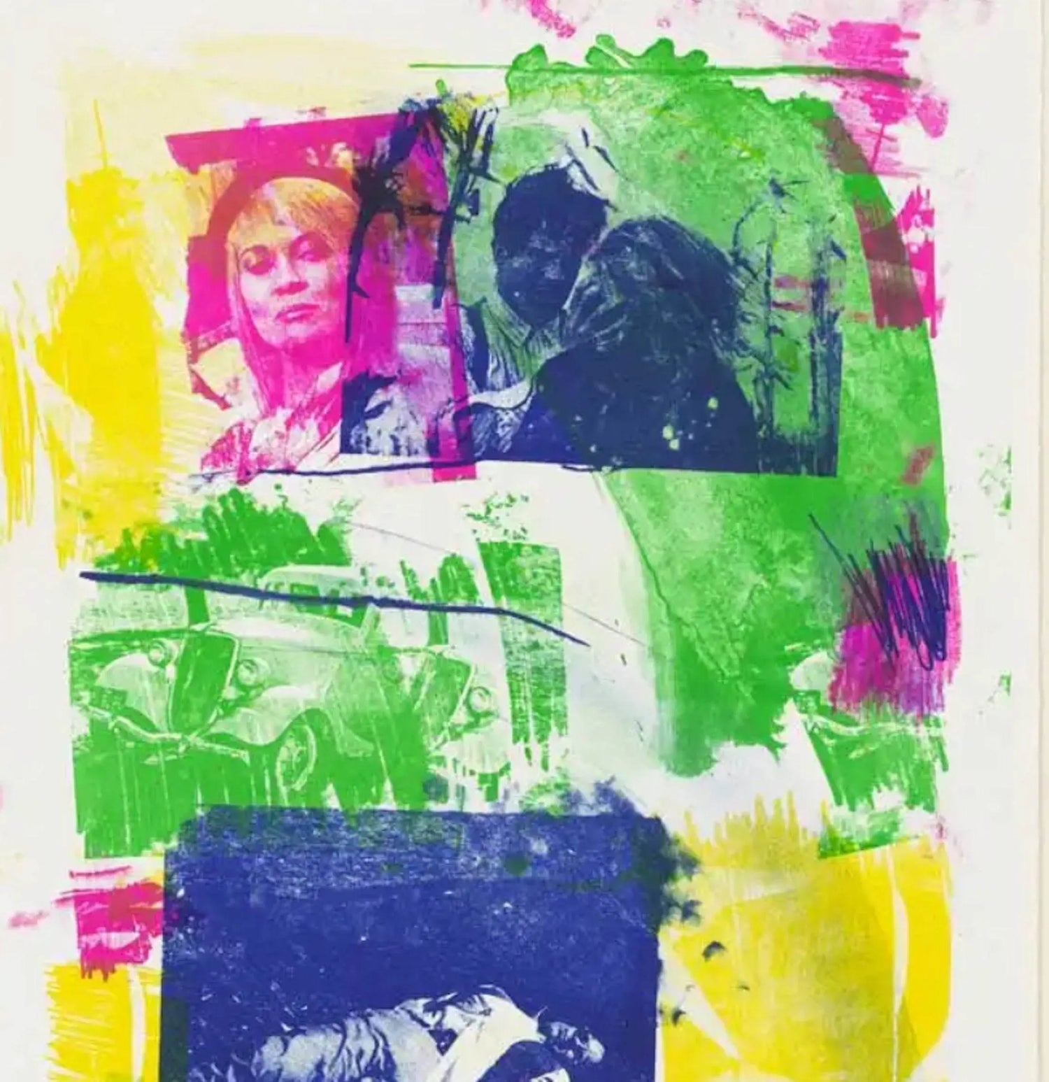 Abstract pop art collage with colorful overlays of portraits and floral patterns in yellow, green, pink, and blue