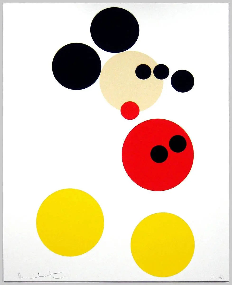Abstract art with various sized circles in black, red, yellow, and beige on white background