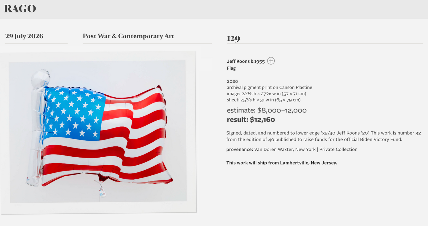 $12,160 Realized Auction Price at Rago Auction of another impression Jeff Koons Balloon Dog, 2020 realized July 29, 2026 at Post War and Contemporary Art auction 
