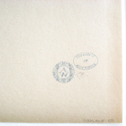 Detail Authentication Stamps & Unique ID ascribed in pencil on verso from the Andy Warhol Foundation for the Visual Arts & The Estate of Andy Warhol for Andy Warhol Cow (F&S II. 11A), 1971 Screenprint in colors on wallpaper  