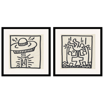 Keith Haring Set of 2 Double Sided 1982 Offset Lithographs Framed
