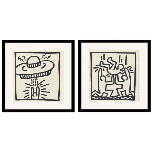 Keith Haring Set of 2 Double Sided 1982 Offset Lithographs Framed