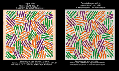 side by side comparison: 
Authentic 1977 Jasper Johns impression offered by Joseph K. Levene Fine Art, Ltd., left, vs. counterfeit impression printed on white paper, right, sold in over 200 online auctions and venues since 2022.