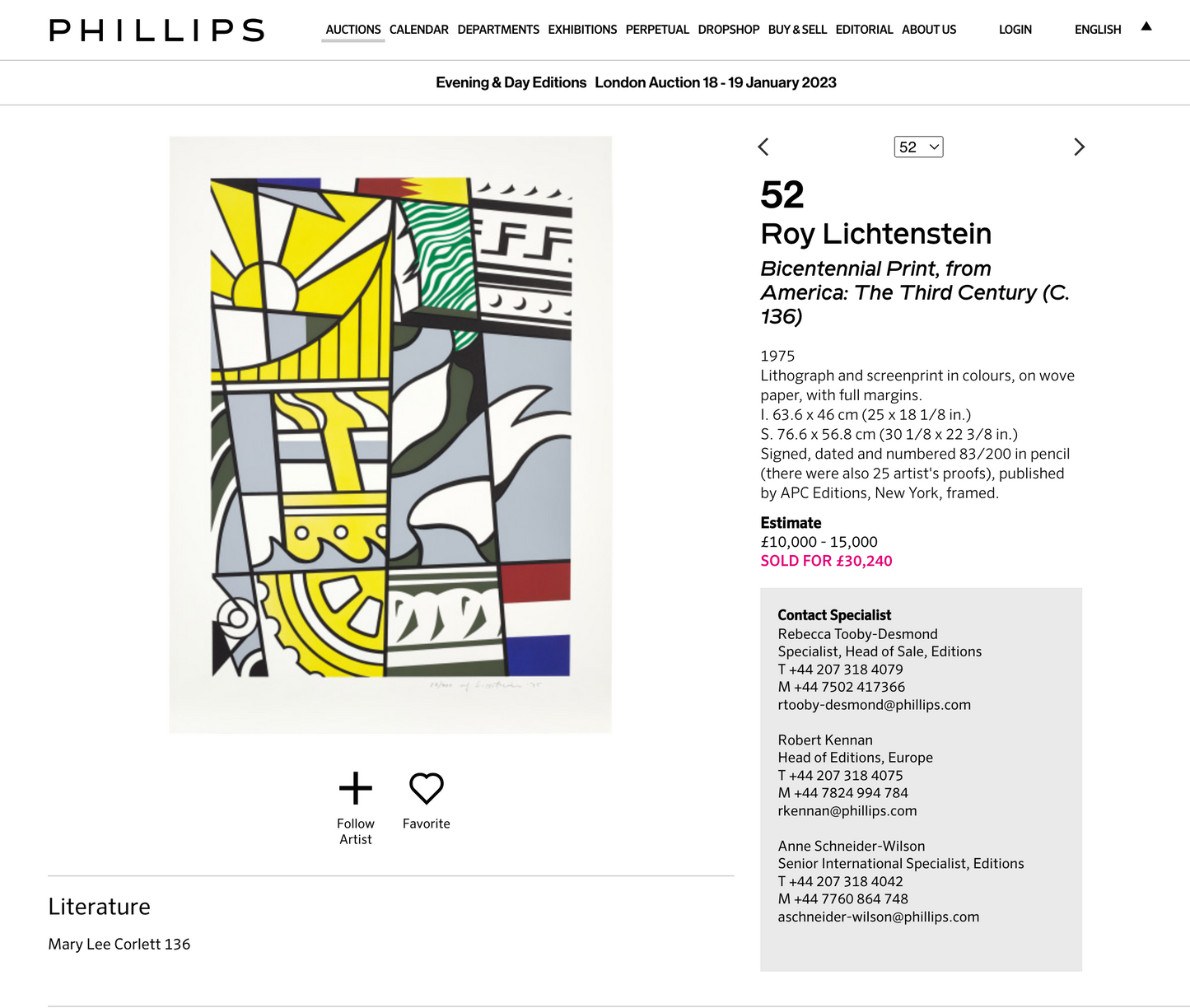Faded impression Roy Lichtenstein Bicentennial Print realized $38,000 at Phillips London, January 19, 2023