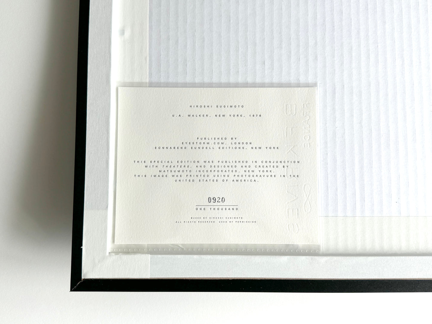 Hiroshi Sugimoto U.A. Walker, 1978 Photogravure label and edition number on frame