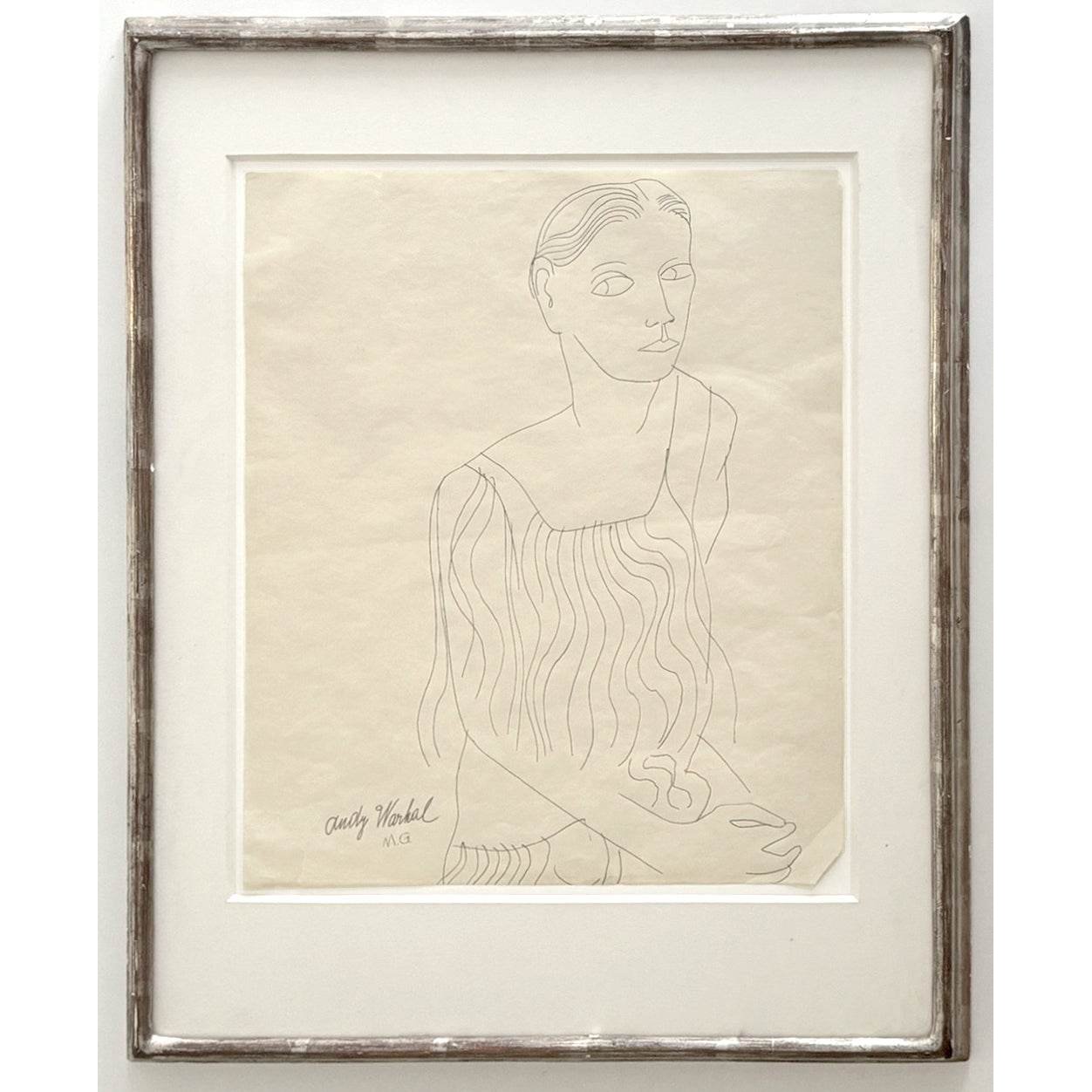 Andy Warhol Portrait circa 1955 Signed Unique Drawing Framed