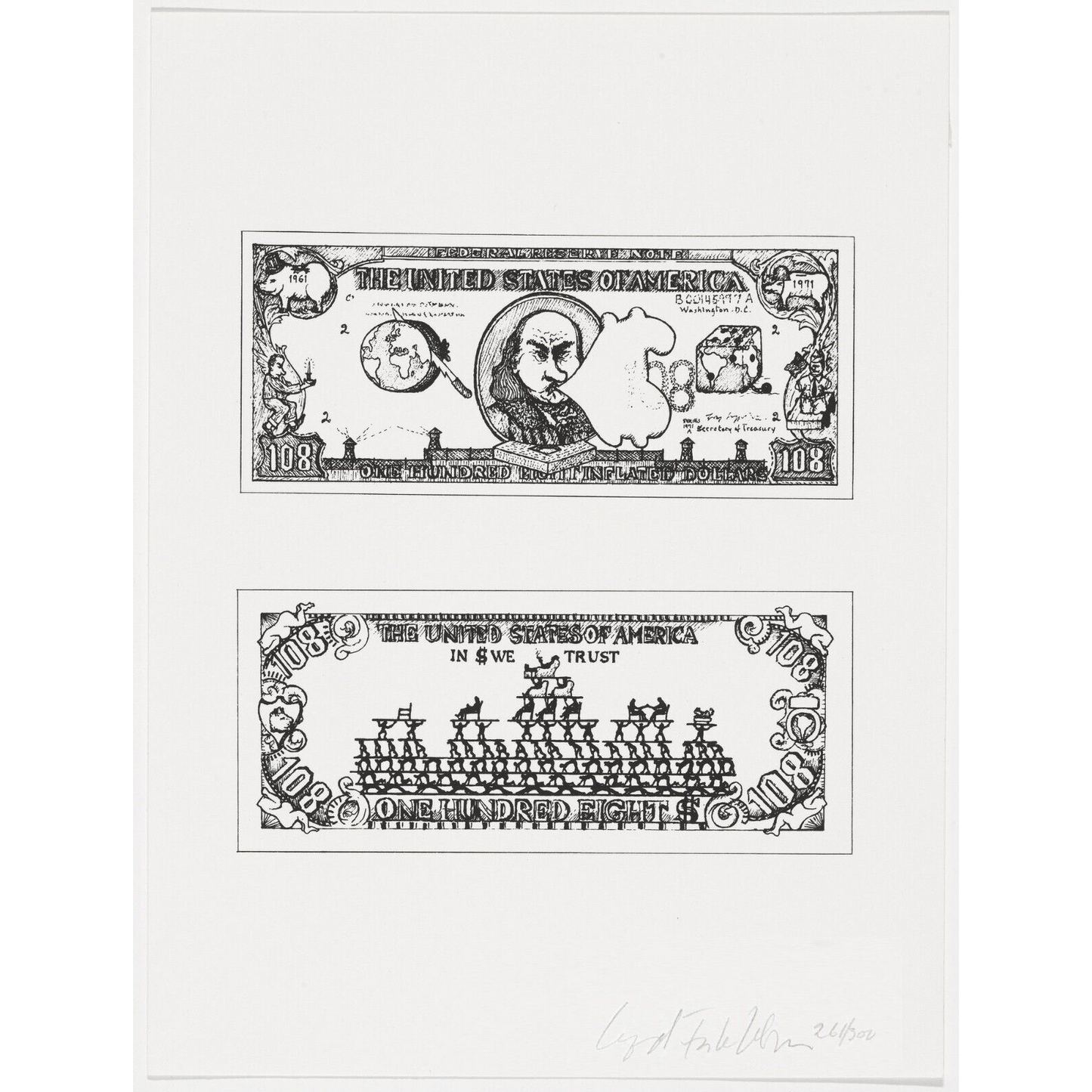 Öyvind Fahlström $108 Bill, 1973 Signed Limited Edition Screenprint