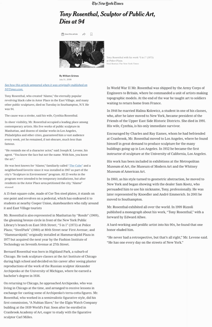 July 31, 2004 Tony Rosenthal Obituary published in The New York Times in which Art Dealer Joseph K. Levene, President Joseph K. Levene  Fine Art, Ltd. is interviewed by Obituary writer William Grimes.

Learn more here: https://www.nytimes.com/2009/08/01/arts/design/01rosenthal.html