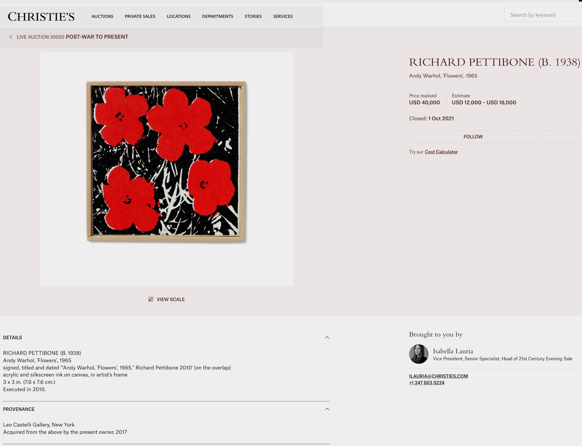 Richard Pettibone Flowers Paintting sold for $40,000 at Christie's New York