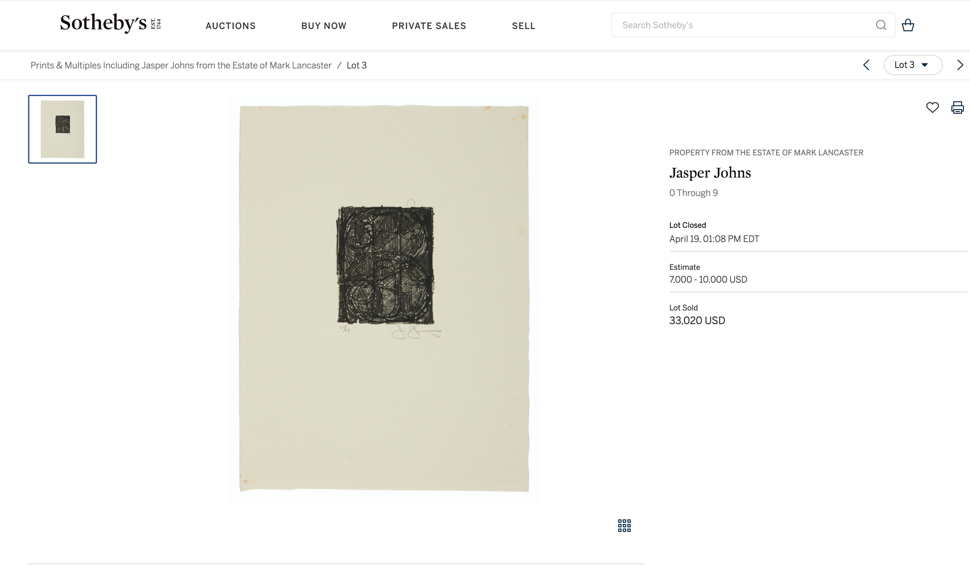 Auction result another impression Jasper Johns 0 Through 9 (ULAE 181), 1977 Lithograph sold Sotheby’s NY for $33,020 