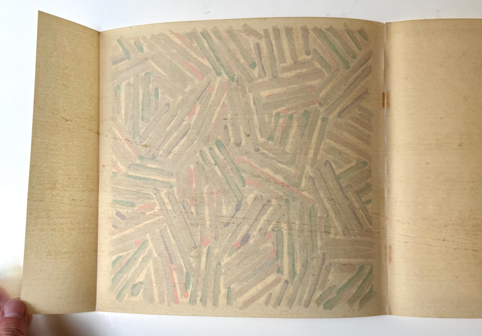 Verso authentic Jasper Johns Untiled 1977 color screenprint dust jacket cover that wraps around Jasper Johns/Screenprint exhibition catalog; parchment paper shows 5 decade toning