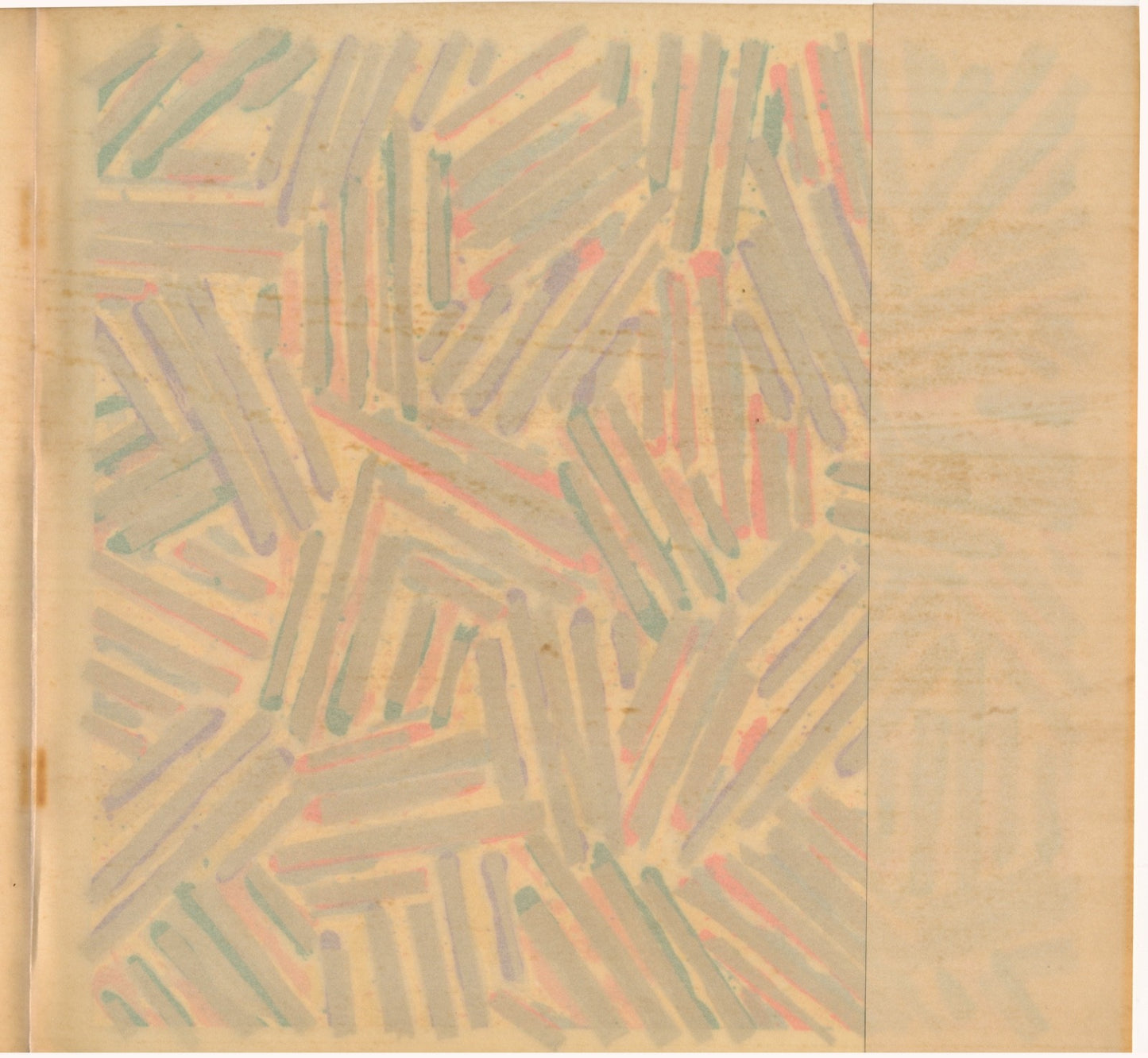 Verso of Jasper Johns Untitled Color Screenprint printed on Patapar parchment—a toned paper. Published in 1977, authentic impressions are toned and the wrapped dust jacket folded as published. 
No reason to remove. 