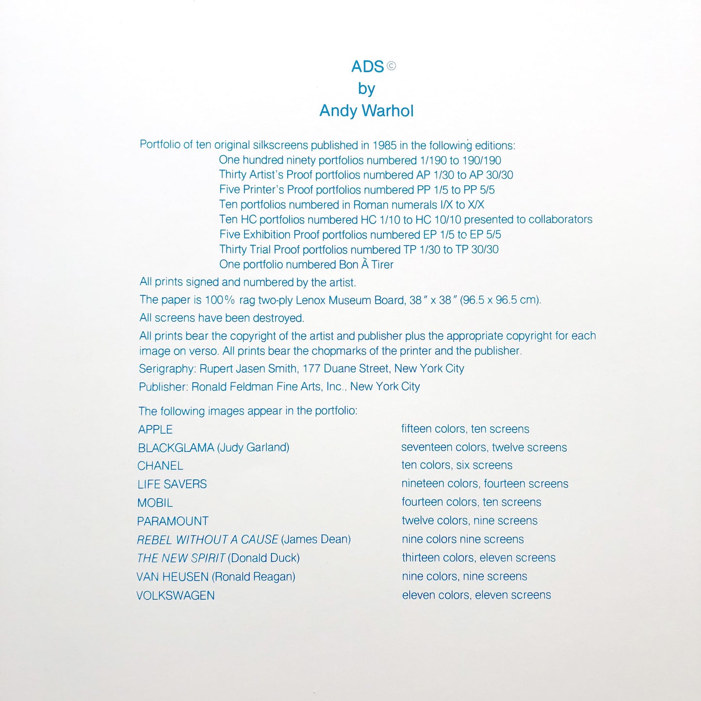 Andy Warhol Authentic 1985 Colophon Page Silkscreen From Ads Portfolio Unframed