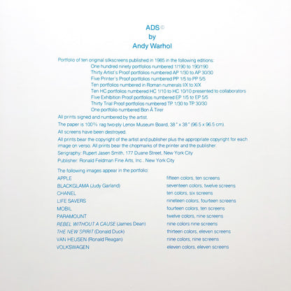 Andy Warhol Authentic 1985 Colophon Page Silkscreen From Ads Portfolio Unframed