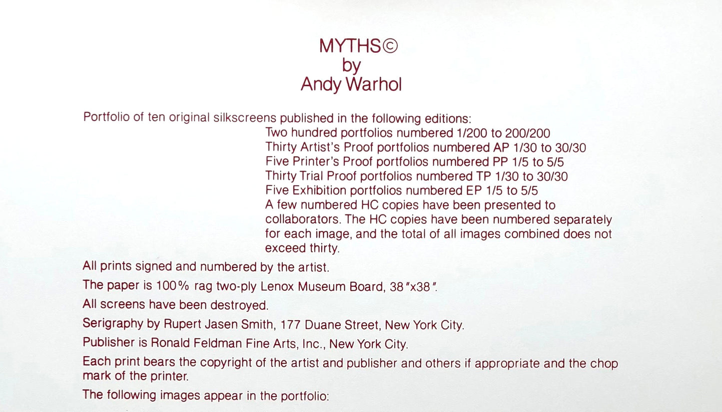 Andy Warhol Authentic 1981 Colophon Page Silkscreen From Myths Portfolio Unframed