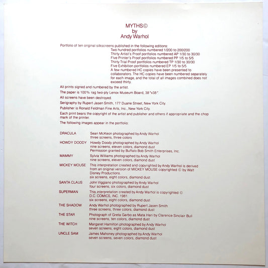 Andy Warhol Authentic 1981 Colophon Page Silkscreen From Myths Portfolio Unframed