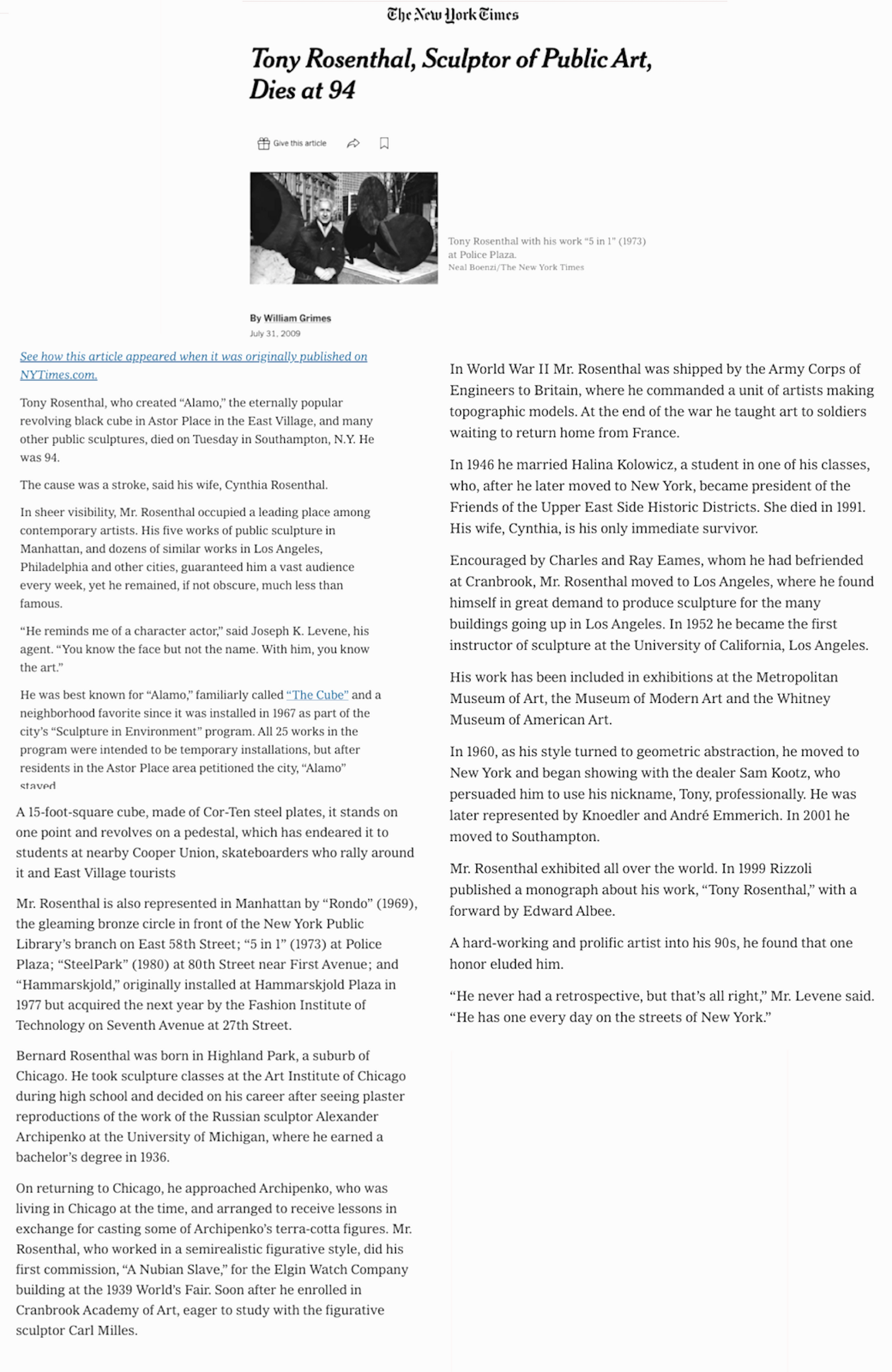 Tony Rosenthal New York Times Obituary By William Grimes July 31, 2009