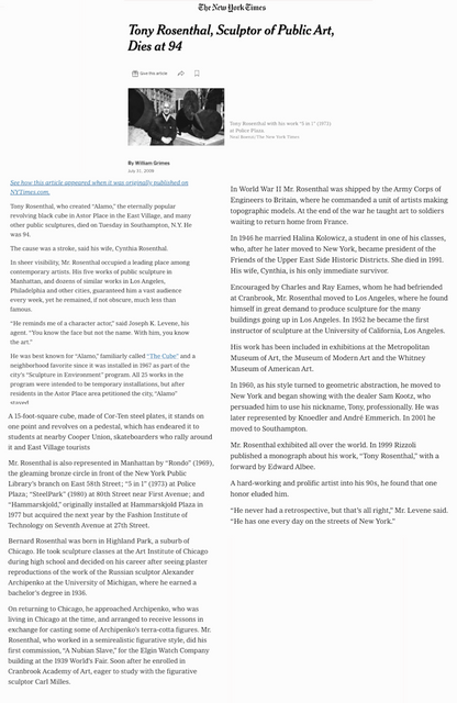 Tony Rosenthal New York Times Obituary By William Grimes July 31, 2009