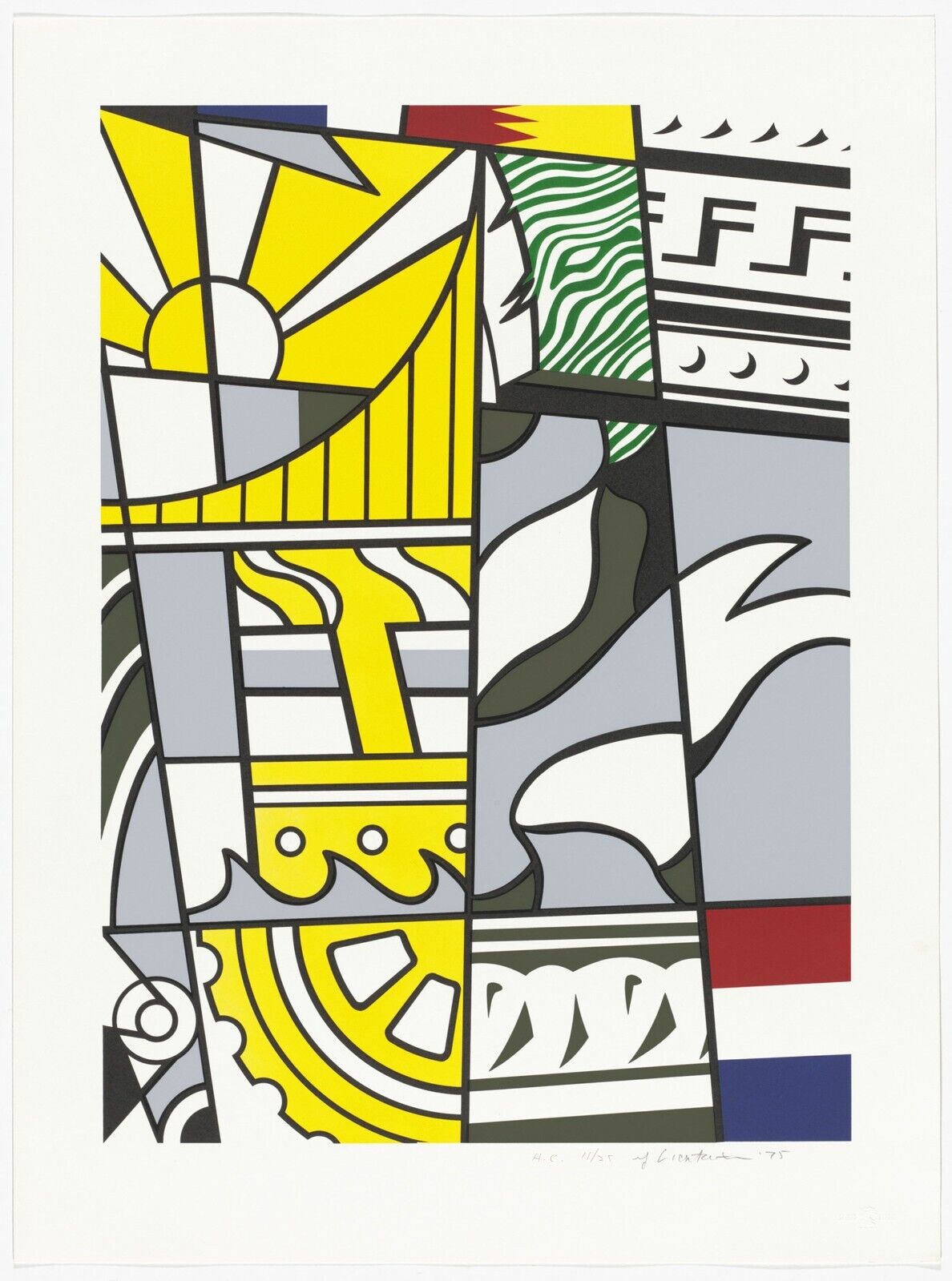 Detail The Full Sheet Unframed Roy Lichtenstein Bicentennial Print (Corlett 136), 1975, 7 color lithograph and silkscreen in red, blue, yellow, green, gray, olive and black on white wove paper