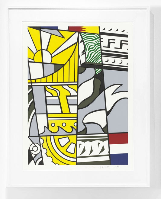 Roy Lichtenstein Bicentennial Print (Corlett 136), 1975, 7 color lithograph and silkscreen in red, blue, yellow, green, gray, olive and black on white wove paper, framed 
