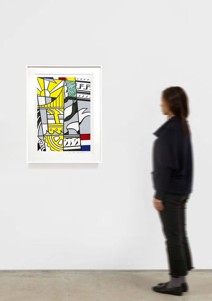Shown To Scale Roy Lichtenstein Bicentennial Print (Corlett 136), 1975, 7 color lithograph and silkscreen in red, blue, yellow, green, gray, olive and black on white wove paper framed