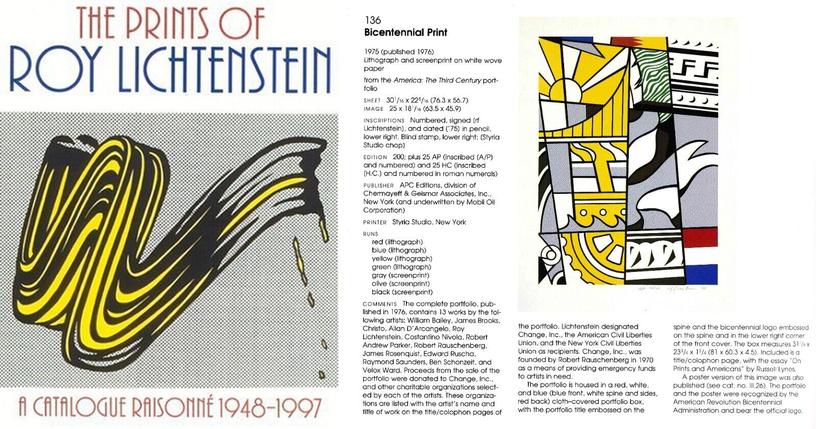 Corlett Catalogue Raisonne Documentation Page 140, Roy Lichtenstein Bicentennial Print (Corlett 136), 1975, 7 color lithograph and silkscreen in red, blue, yellow, green, gray, olive and black on white wove paper